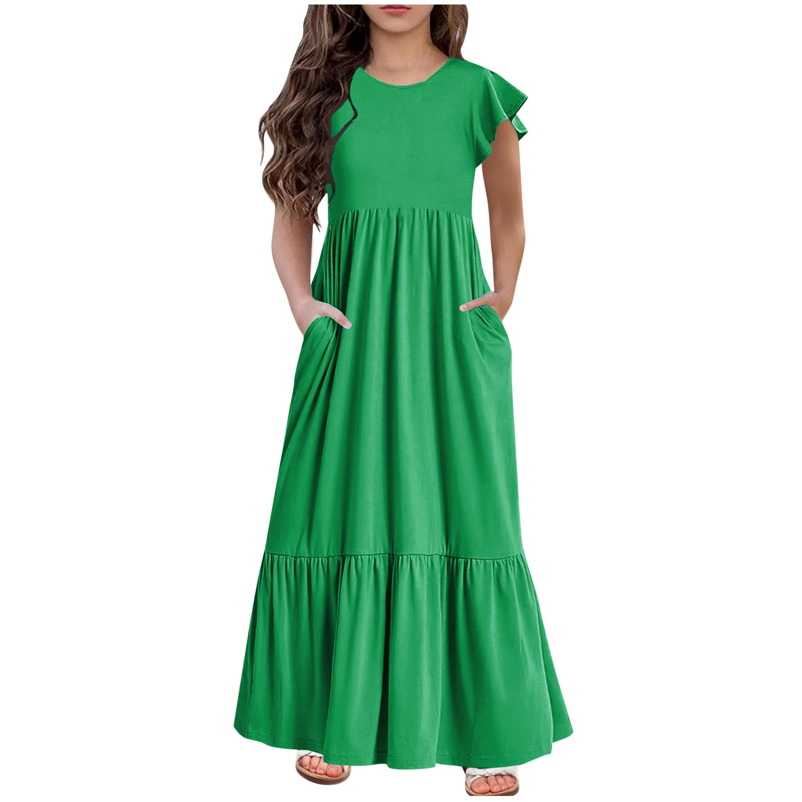 Girls Maxi Dress Summer Loose Basic Short Sleeve Ruffle Hem Stretchy Casual Long Dresses with Pockets 6-13Years